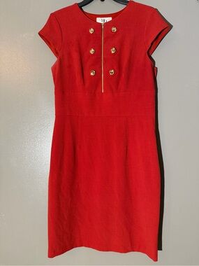 SD Collection Red Midi Sheath Dress with Gold Buttons